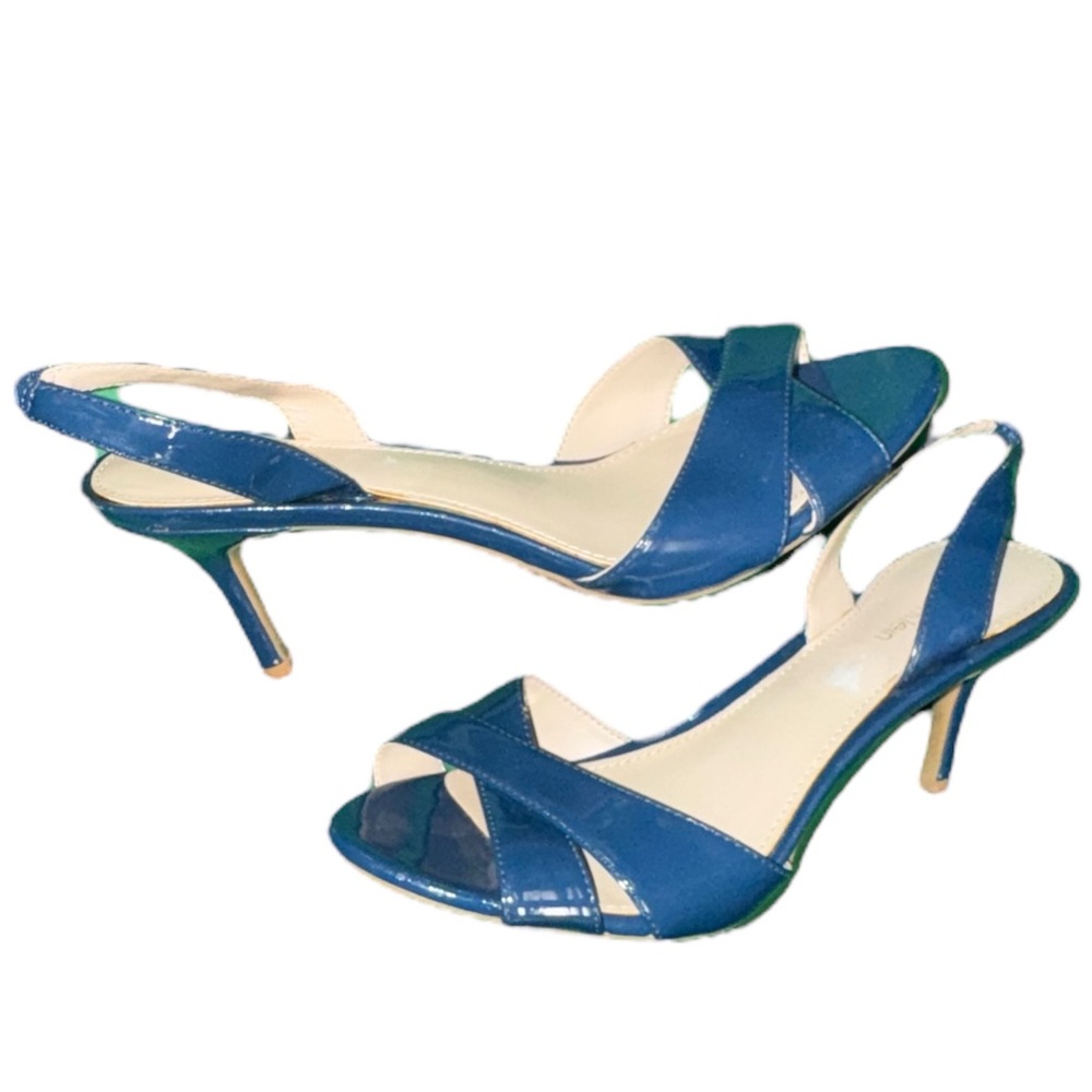 New Calvin Klein Sz 8 Navy Blue Heeled Leather Slingback Sexy Open Toe Sandals - Picture 5 of 6
